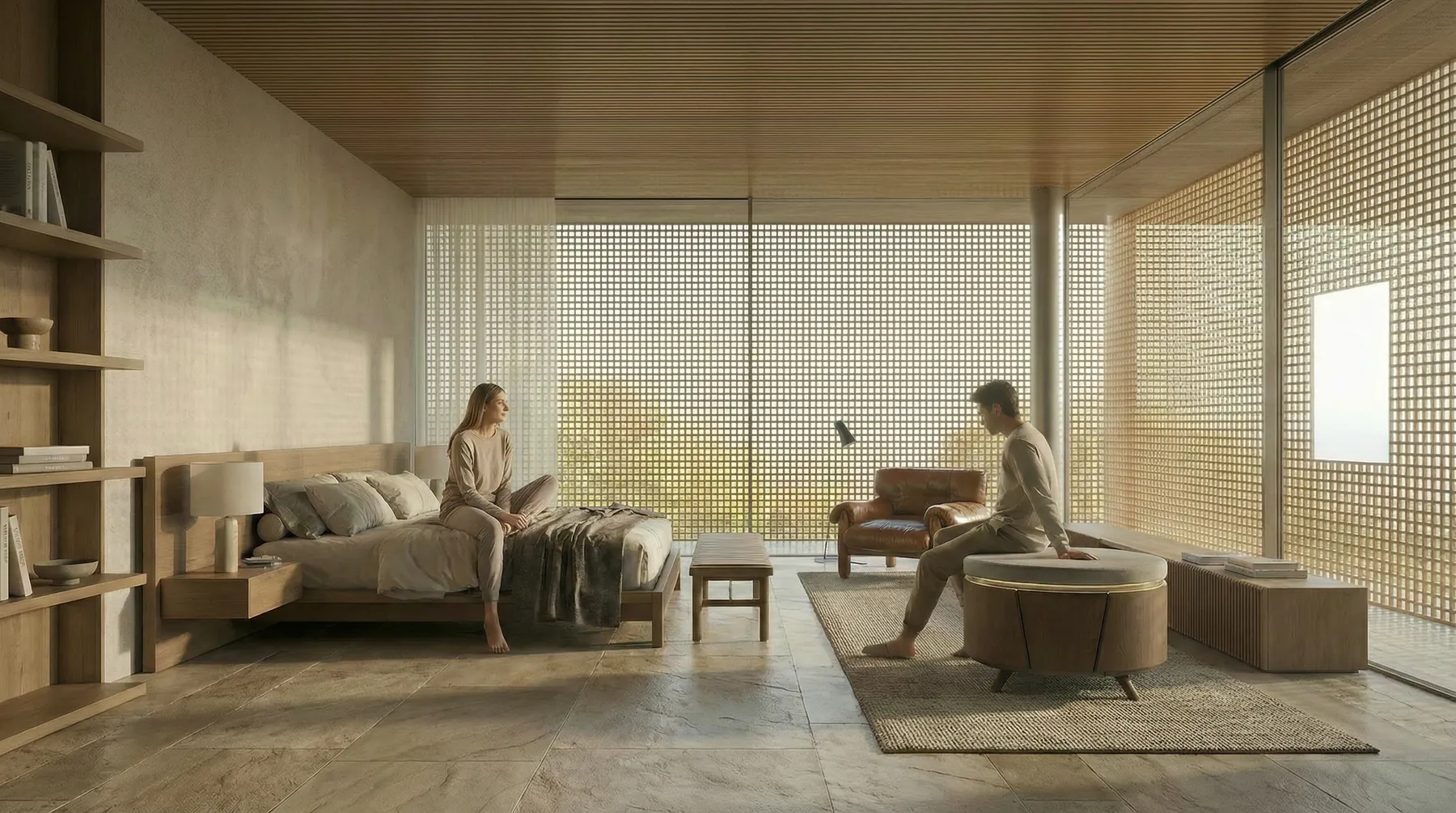 Visualisation: a bedroom with timber screens, and a man sitting on Rack & Soles, a round upholstered seat on a dark wood base.